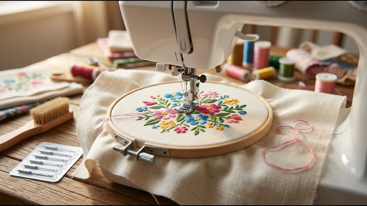 Close-up of an embroidery machine needle stitching a design on hooped fabric