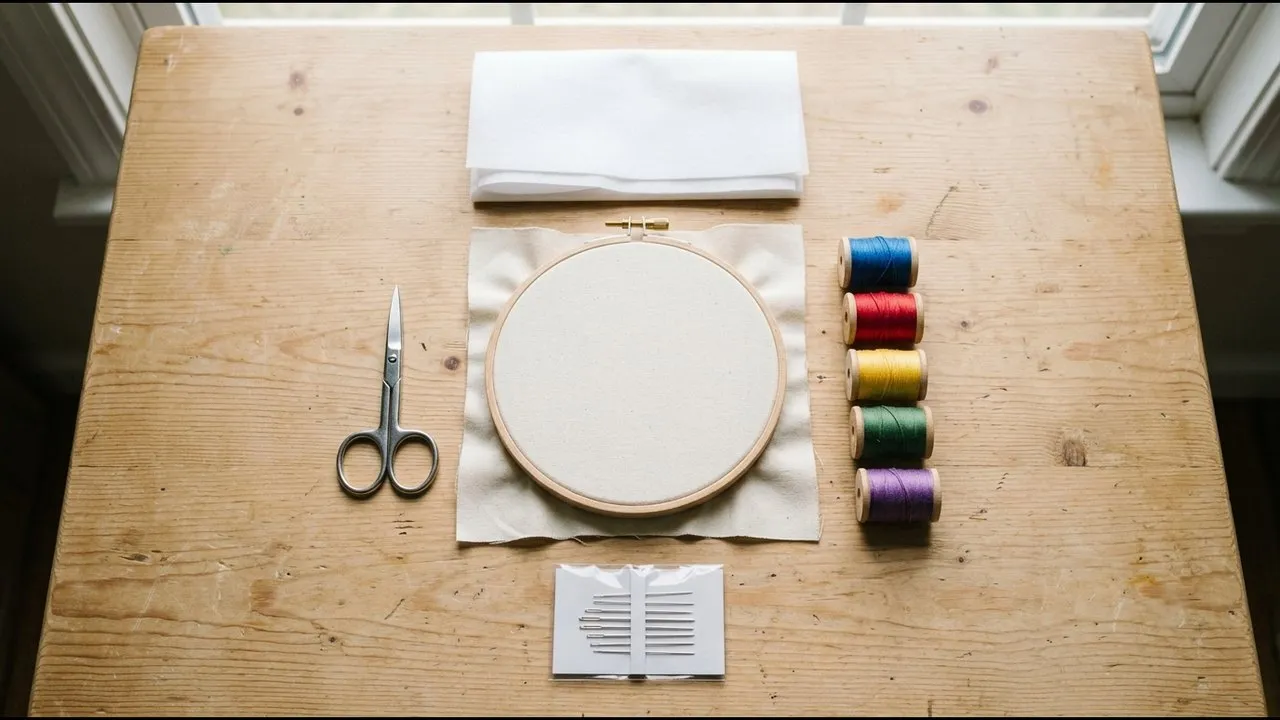 Embroidery hoop, thread spools, needles and stabilizer laid out on a craft table