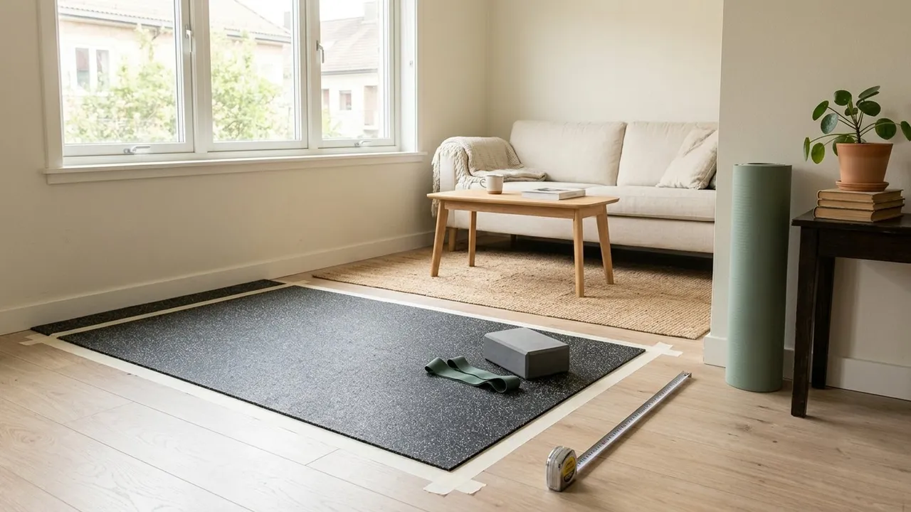 A bright small apartment living room with a clear taped-out workout area on a rubber mat in front of a window
