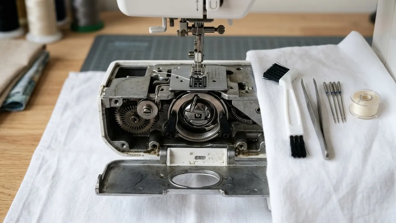An embroidery machine's open bobbin area with a lint brush, tweezers, spare needles and a bobbin