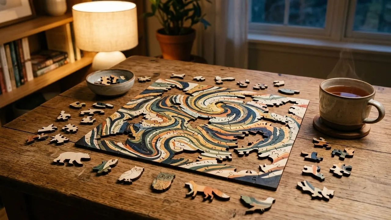 A partly completed wooden jigsaw puzzle on a table with irregular laser-cut pieces and a few animal-shaped whimsy pieces scattered nearby