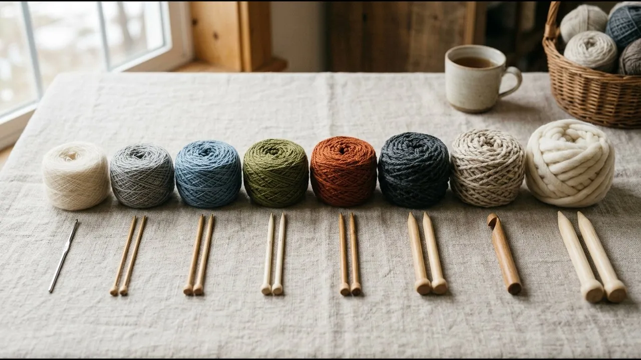 Yarn balls arranged from fine to thick, each with a matching needle or hook