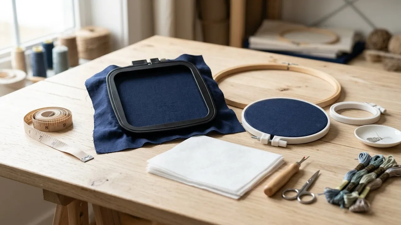 Embroidery hoops in several sizes, including a magnetic hoop clamping navy fabric, on a worktable