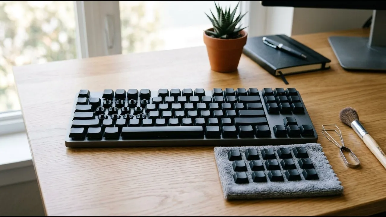 Low-profile mechanical keyboard with a few keycaps removed beside a keycap puller and brush