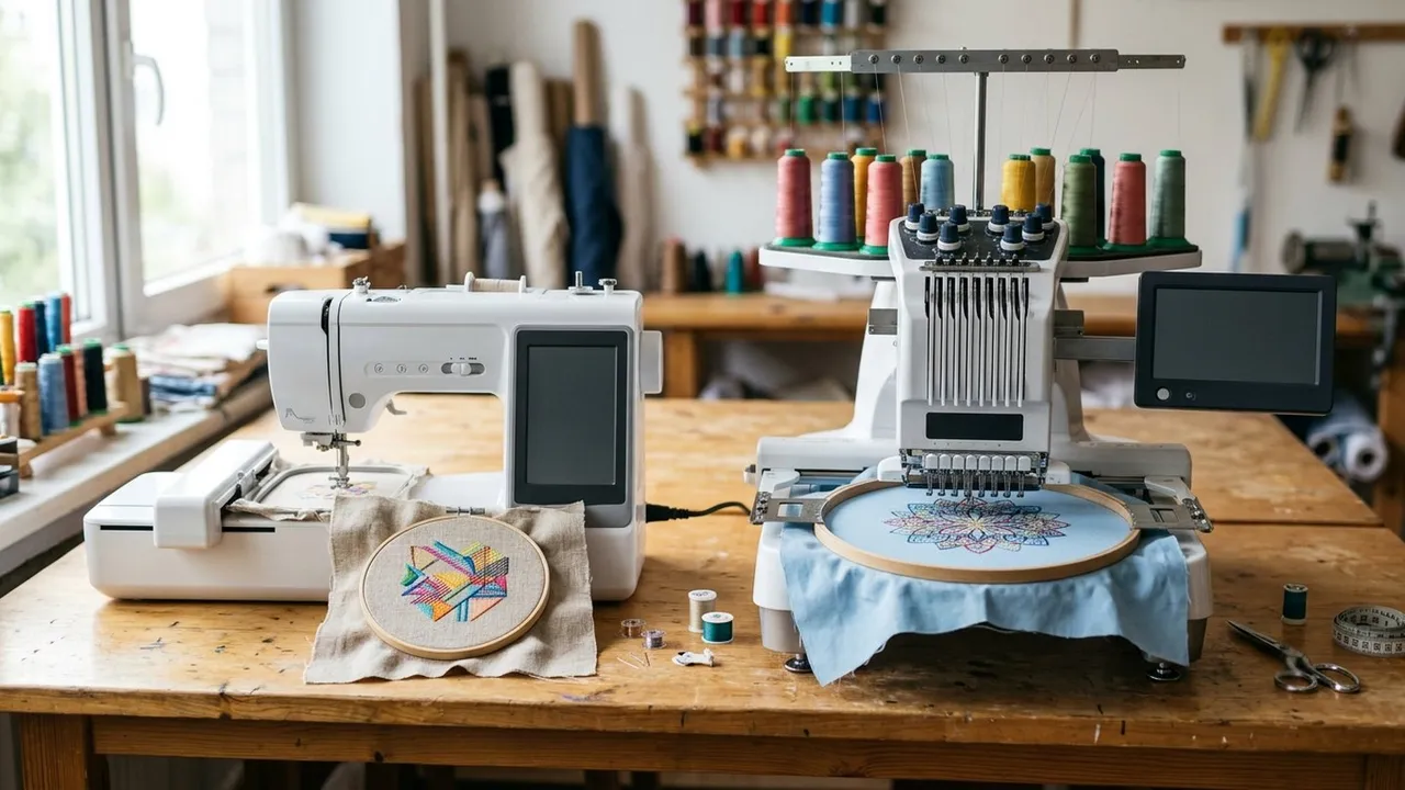 A compact single-needle embroidery machine beside a larger multi-needle machine with a row of thread cones