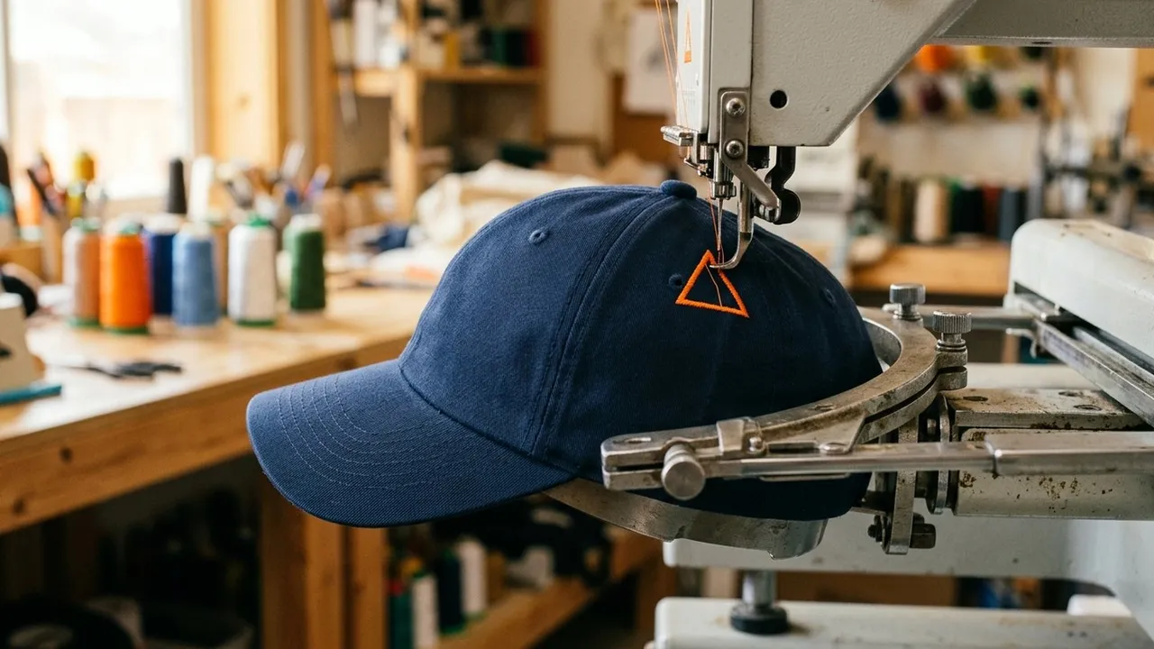 A baseball cap clamped in a curved cap frame on an embroidery machine, partly stitched