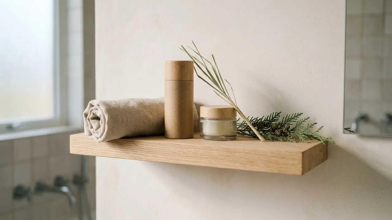 A minimalist bathroom shelf with an unlabeled deodorant stick in a cardboard tube