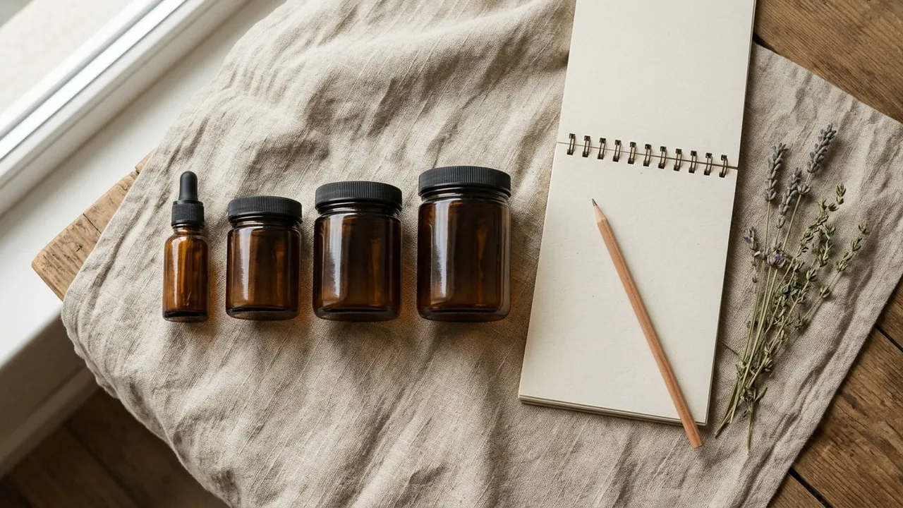 A flat lay of three unlabeled amber glass jars and a small dropper bottle on a linen cloth with a pencil
