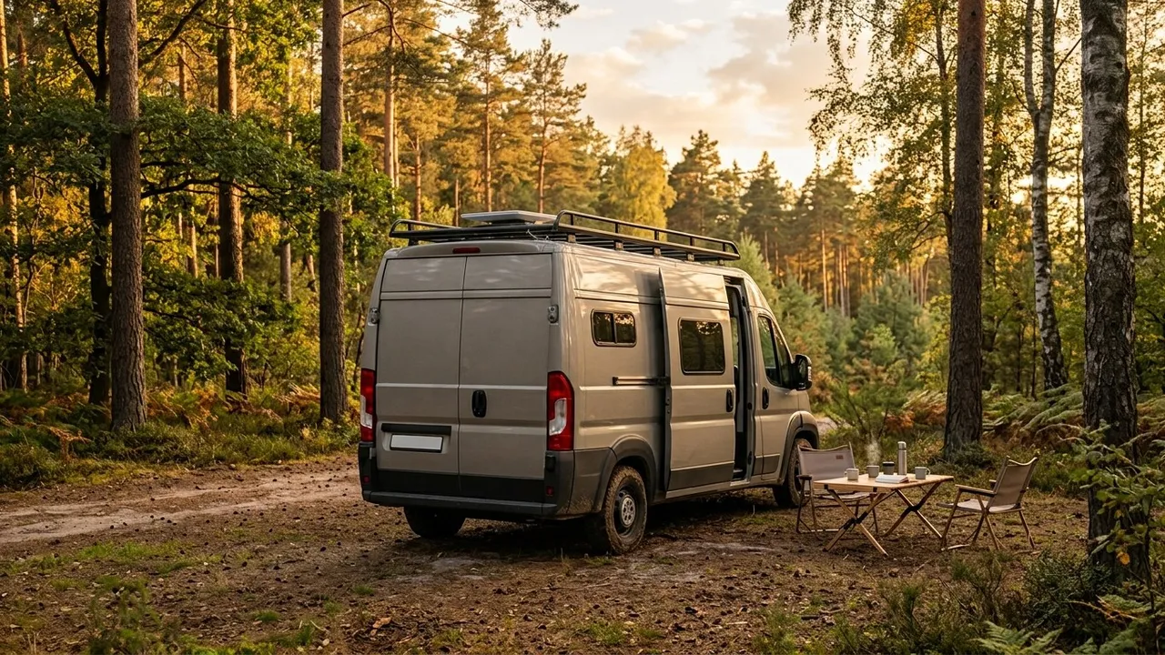 A camper van parked at a forest campsite at golden hour with a low-profile satellite dish on its roof rack