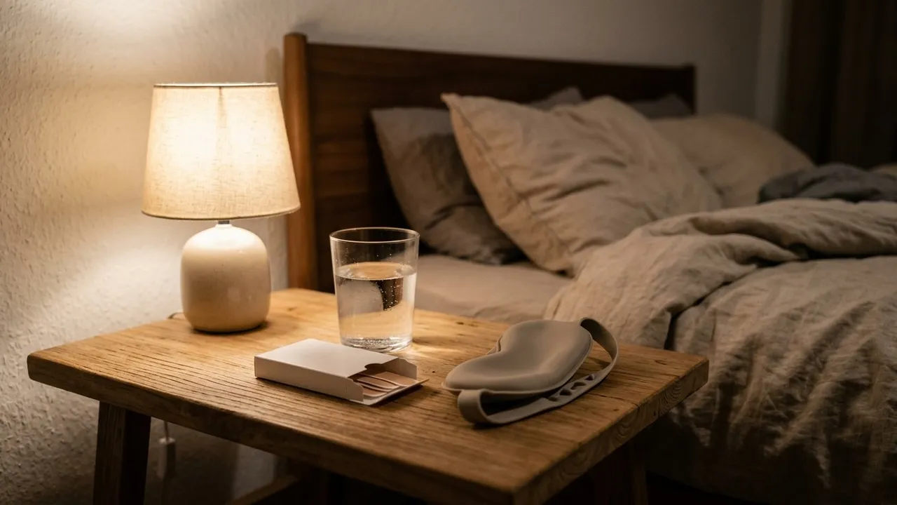 A calm bedside table at night with a glass of water, a small box of skin-coloured strips and a sleep mask