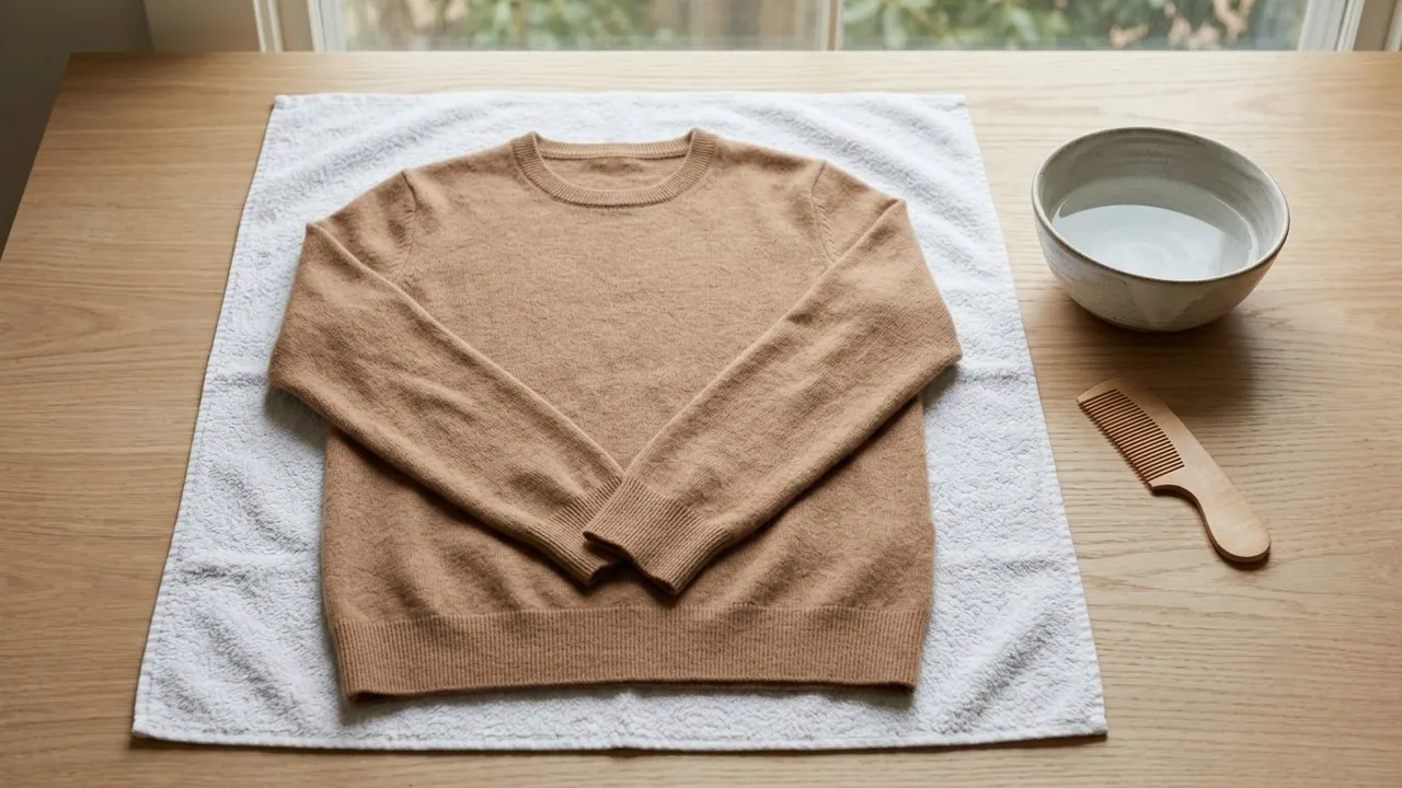 A soft camel-coloured cashmere sweater laid flat to dry on a white towel on a wooden surface