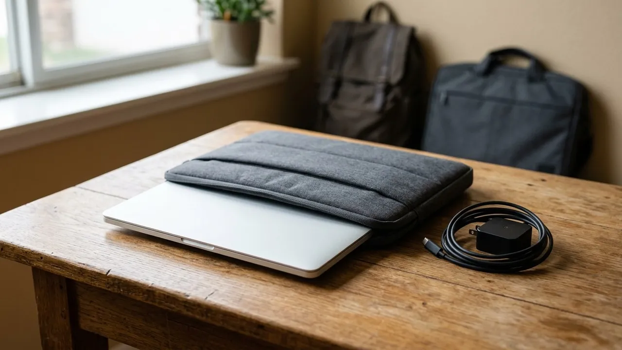 A thin laptop half slid into a padded grey laptop sleeve on a wooden desk