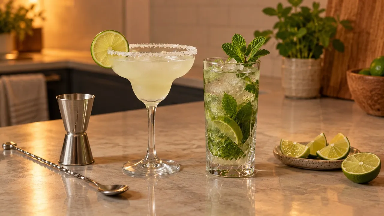 Two freshly made cocktails on a home kitchen counter — a salt-rimmed margarita with a lime wheel and a mojito with fresh mint — a jigger