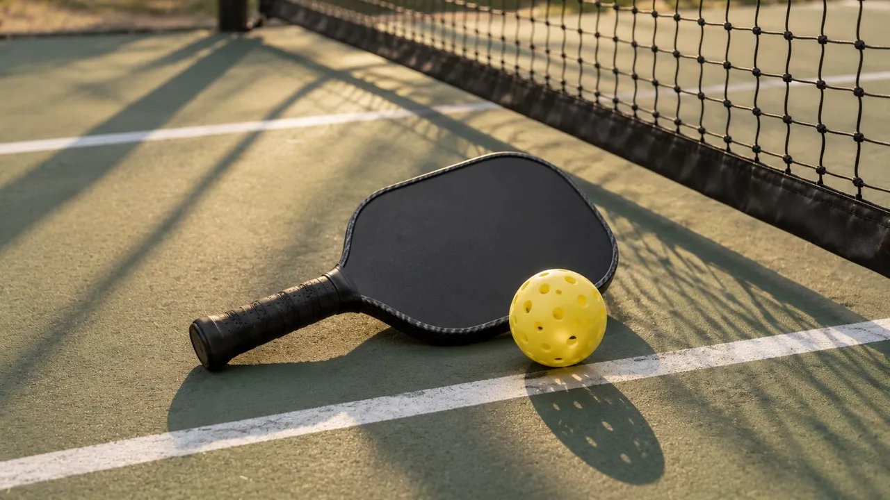 A carbon-fibre pickleball paddle and a yellow perforated pickleball resting on an outdoor court near the net