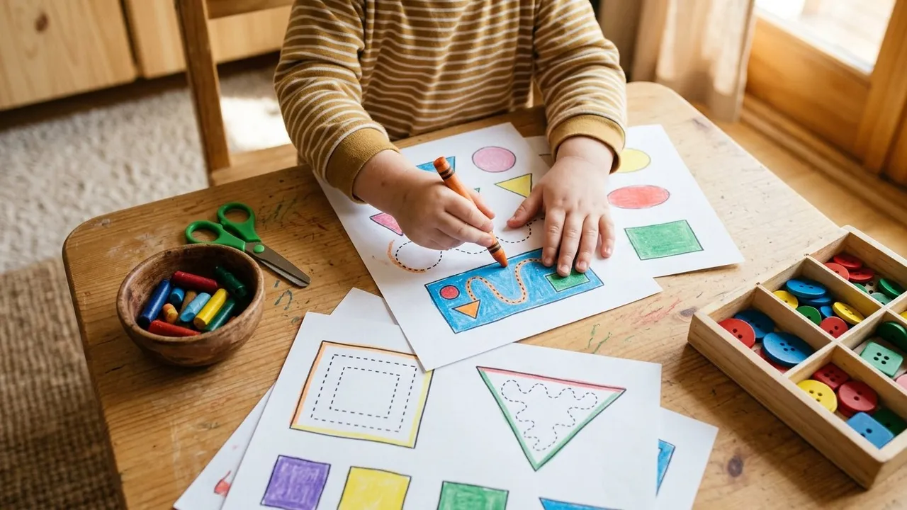 A child's hands tracing shapes with a crayon on colourful printable worksheets, with crayons, scissors and a tray of counting buttons