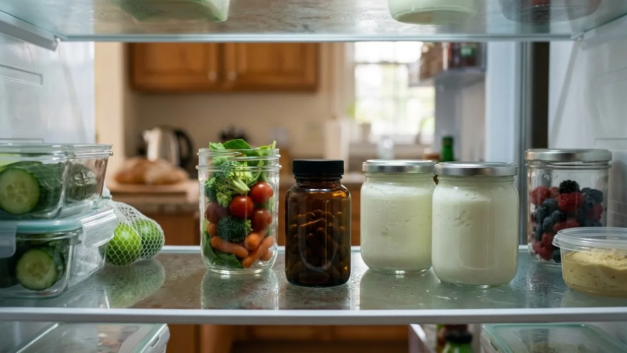 A refrigerator shelf with a small amber supplement bottle beside jars of yogurt, berries and fresh vegetables