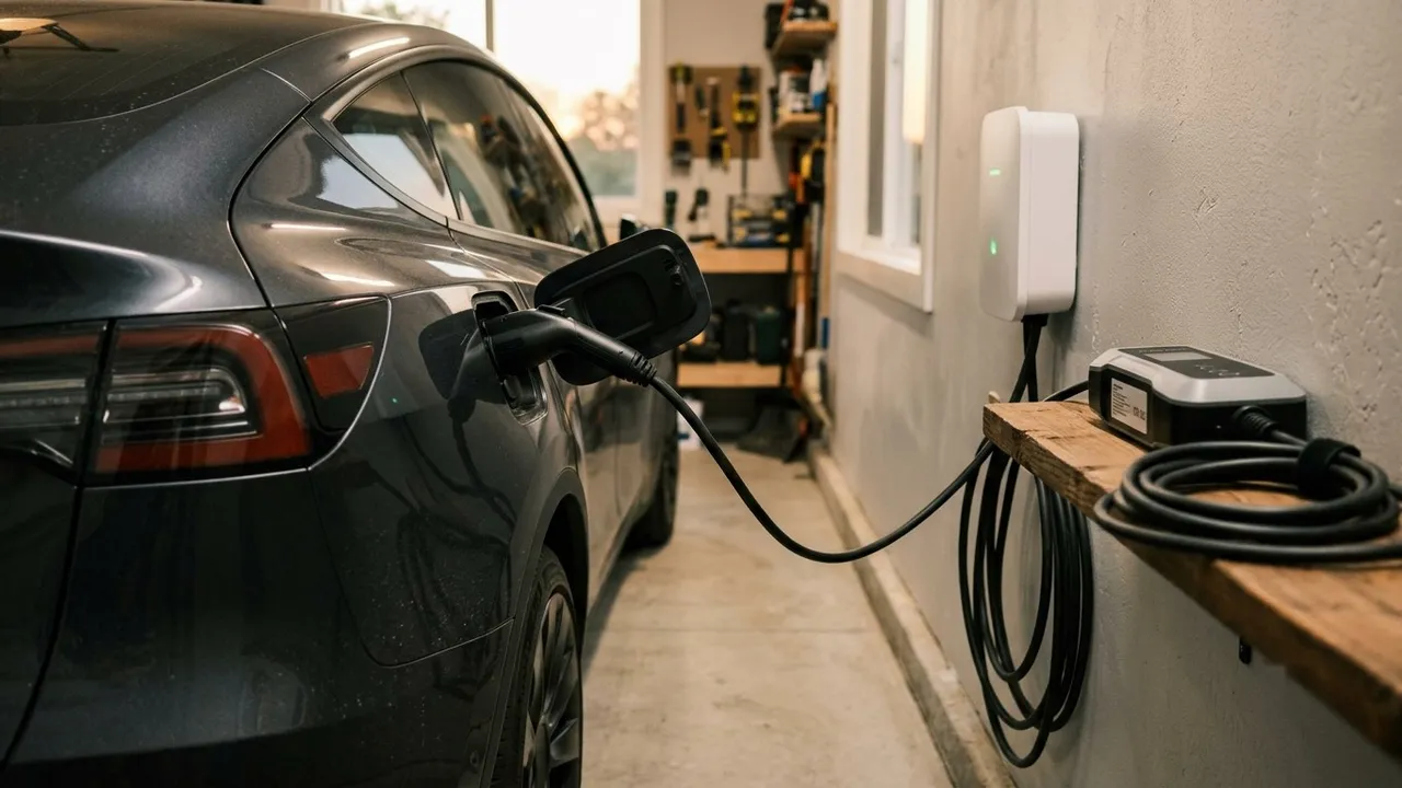 An electric car charging in a home garage from a wall-mounted charger, with a portable charger coiled on a shelf