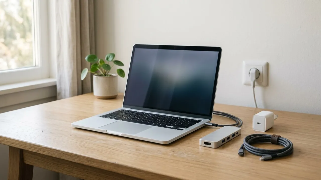A minimalist desk with a laptop connected by a single USB-C cable to a compact aluminium docking hub
