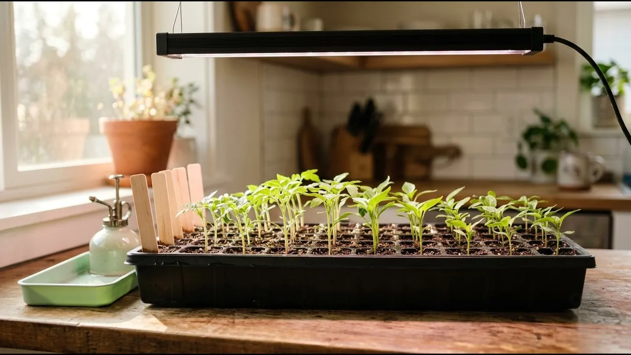 Vegetable seedlings in a cell tray under a grow light