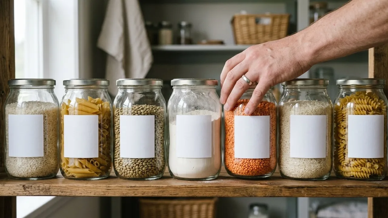 A tidy pantry shelf of clear glass jars filled with rice, pasta, lentils and flour