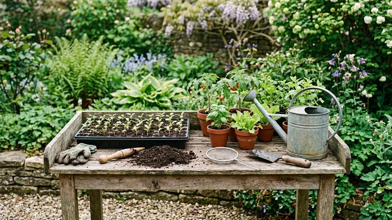 A garden potting bench with seed trays of tiny seedlings on one side and young potted live plants ready for planting on the other