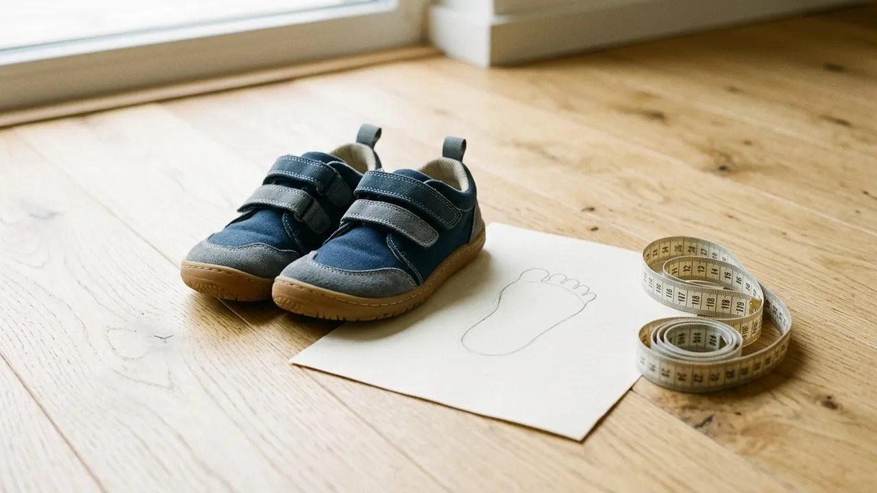 A pair of small flexible children's barefoot sneakers with a wide toe box on a wooden floor beside a sheet of paper with a traced child's footprint and a tape measure