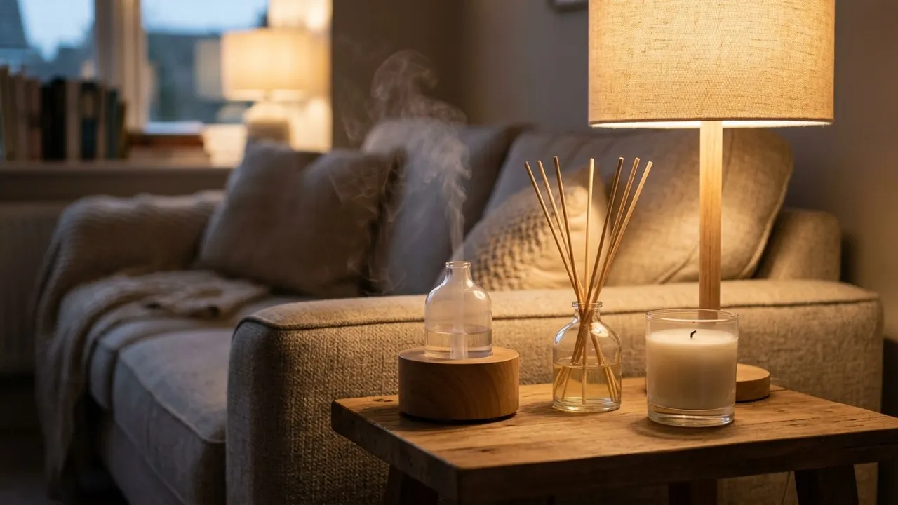 A living room side table with a small wooden-based glass nebulizing diffuser releasing a faint vapour