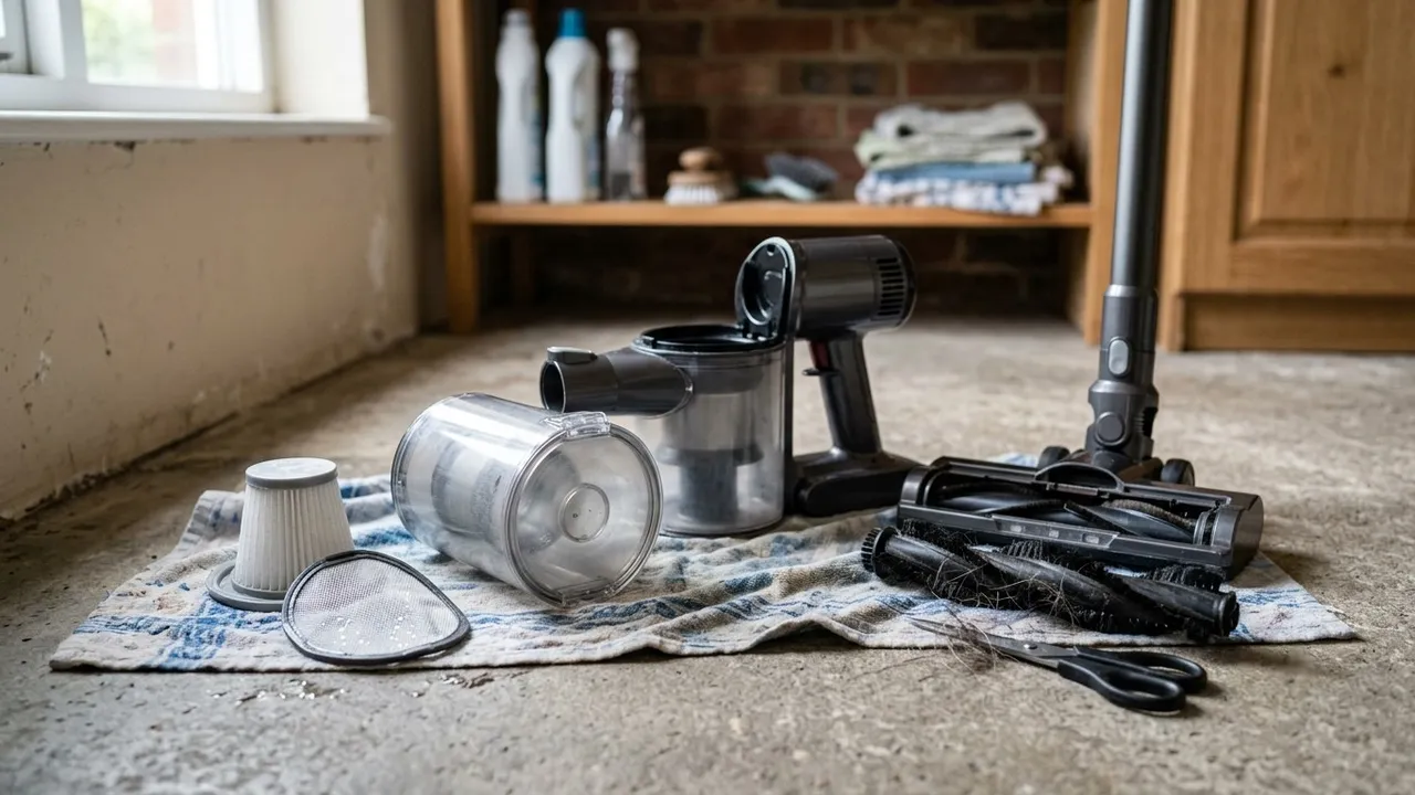 A cordless stick vacuum disassembled on a utility room floor for cleaning: dust bin