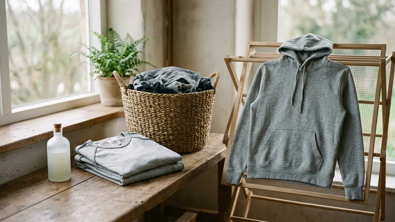 Folded t-shirts beside a woven laundry basket and a grey hoodie drying on a wooden rack by a window