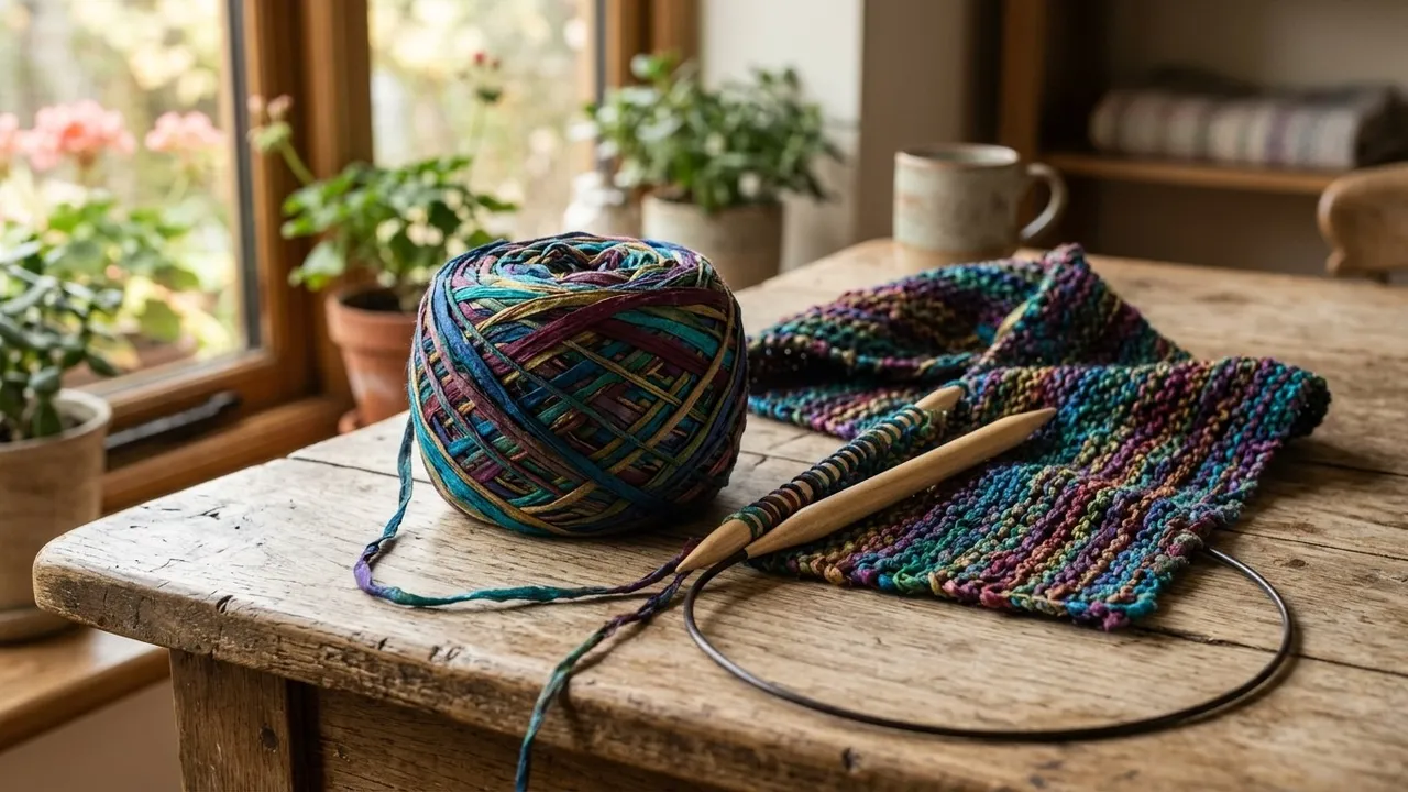 A colourful ball of recycled silk ribbon yarn with bright variegated colours beside a pair of large wooden knitting needles and a partly knitted scarf on a rustic wooden table