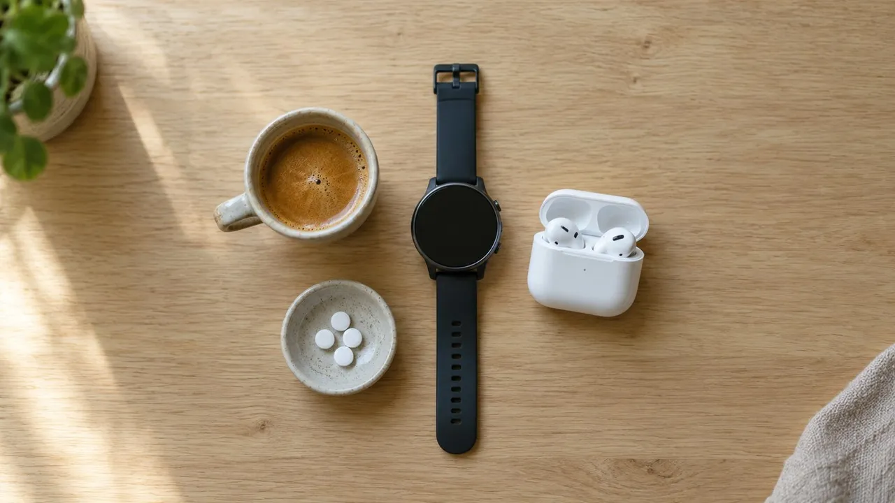 A morning flat-lay on a light wooden table: a small cup of espresso