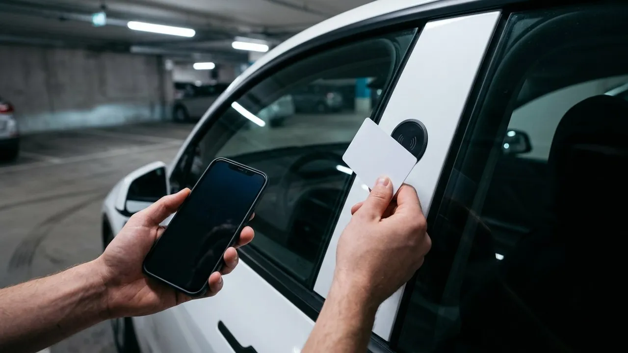 Hands holding a phone and tapping a key card against the door pillar of a white electric car in a parking garage