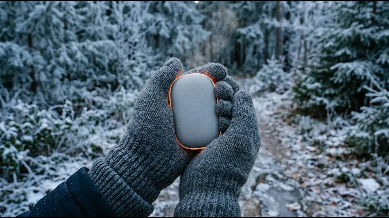 Gloved hands holding a rechargeable hand warmer on a frosty morning