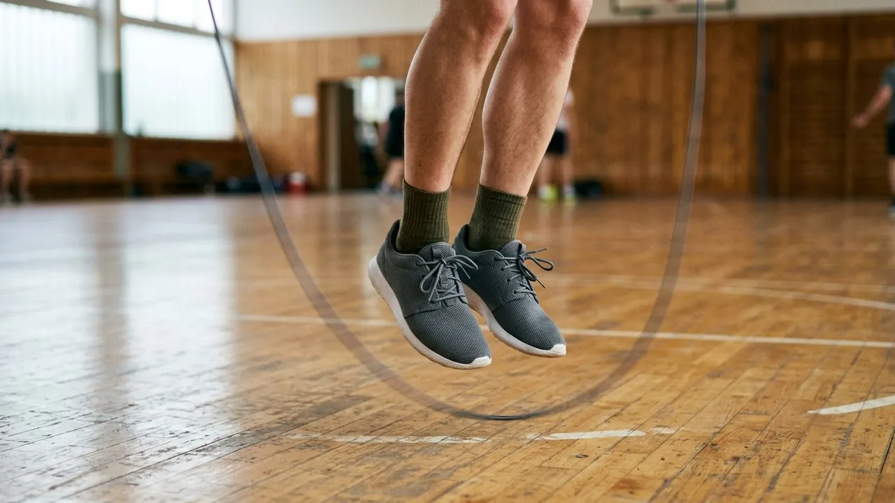 A person mid-jump with a jump rope blurred in motion on a wooden gym floor