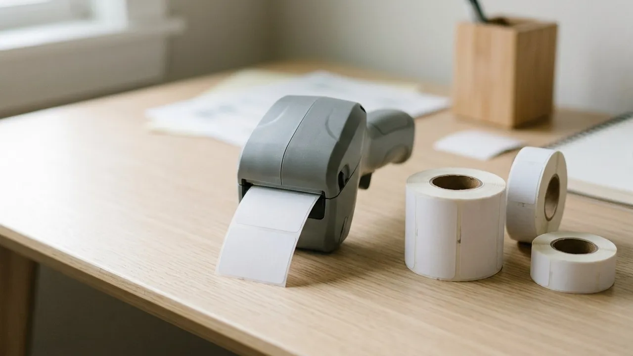 Close-up of a small handheld thermal label printer on a light desk feeding out a blank white label