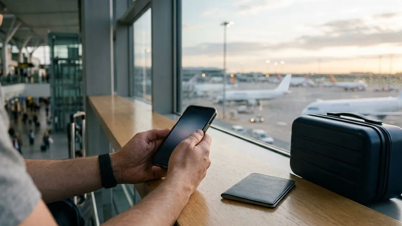 A traveller's hands holding a smartphone at an airport arrivals hall window