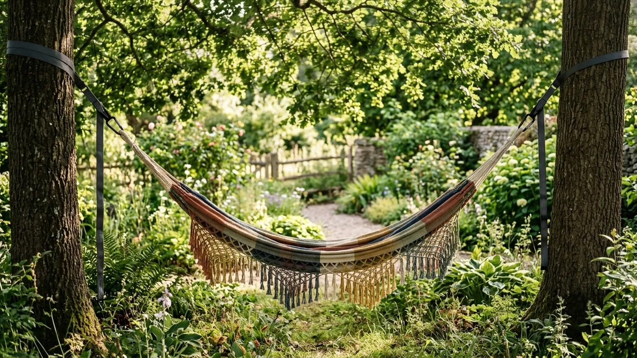 A colourful woven cotton hammock hanging with a gentle sag between two trees in a sunny garden